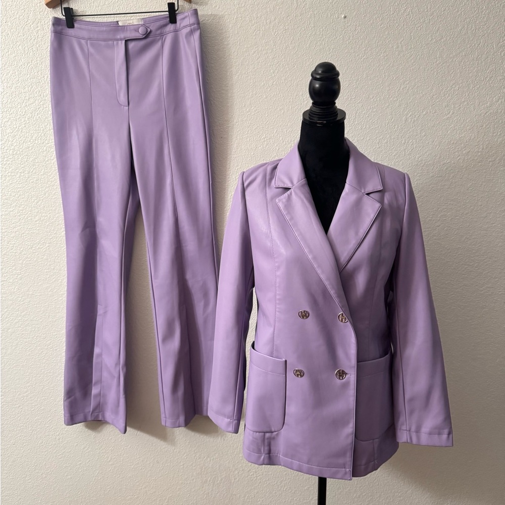 Lilac Vegan Leather Double-Breasted Blazer and Trousers Set $50